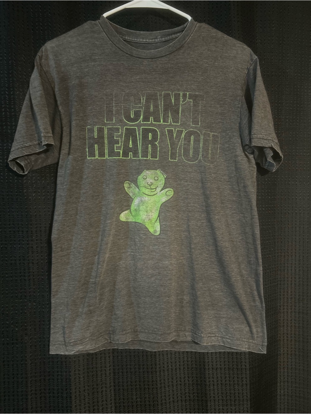 Savvy Men’s Graphic Tee - Gray "I CAN'T HEAR YOU" with Green Gummy Bear